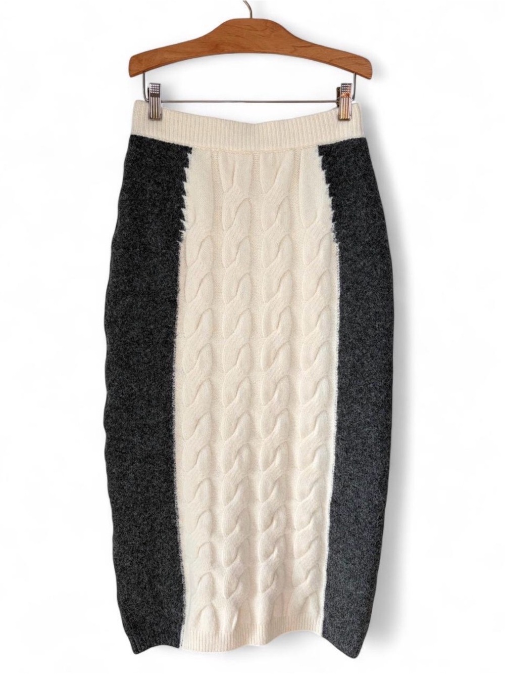 Cider Charcoal and Cream Mixed Media Cable Knit Sweater Material Midi Skirt